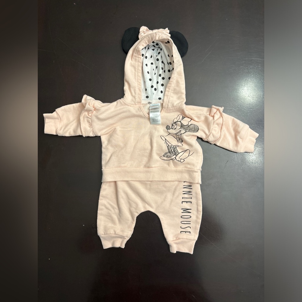 Disney Baby Minnie Mouse Outfit Light Pink Hoodie & Sweat Pants Size 0/3 Months
